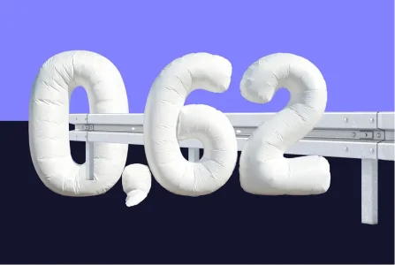 Die Zahl 0,62 - gestaltet aus aufgeblasenen Airbags vor einer Leitplanke aus Stahl